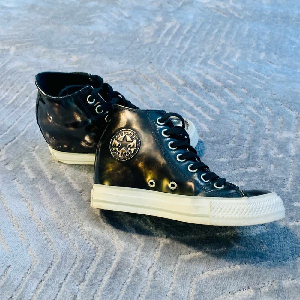 Converse All Star Metallic Patent Black + Gold SZ 6 Hidden Platform Hightop
